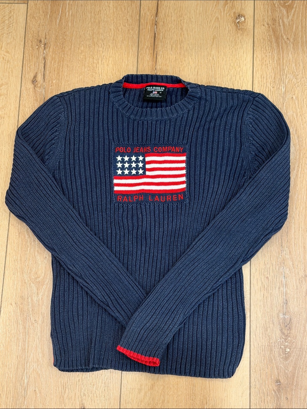Ralph Lauren Polo Jeans Co. Navy Crewneck Sweater with Embroidered Flag